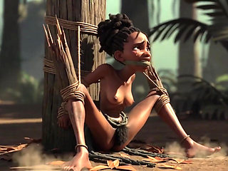 African Girl Bound in Rope Bondage - Hairy Wet Pussy Craving for Cock