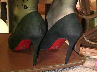 Vintage_sewing on My Granny's Old Sewing Machine in Black Pantyhose and Suede Louboutins
