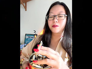 Exotic Smoking Asian: Red Nails, Red Lips Smoking Harlot Spills & Rubs Ash on Breasts