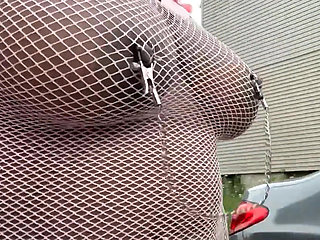 Walking Around in Fishnet Dress Fucking My Pussy on Public Staircase