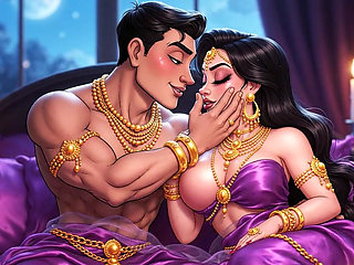 Erotic Fantasy Romance - Golden Jewelry Couple Deep Kissing & Bed Play