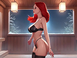 Cosplay. Jessica Bouncing Big Tits and Booty in the Sauna