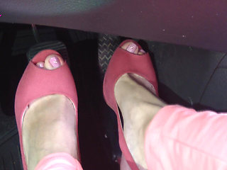 Barefoot Driving and Revving in Vivid Pink High Heeled Sandals