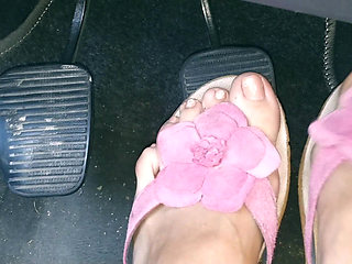 Revving My Car in Pink Flowered Flip Flops