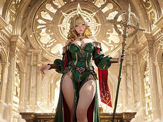 Blonde Angel Queen! Sacred Kneeling in a Grand Cathedral, the Green Robe Barely Hiding Her Soft Curves