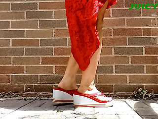 Small Asian Feet in Red Heeled Flip Flops