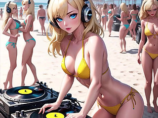 Anime Sexy DJ on the Beach Synthwave Retrowave