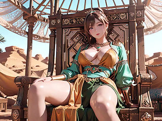 Green Gold Queen Coronation! Lazy side-lying in the desert palace, fingers teasing hair and veil, sun-kissed skin glistening.