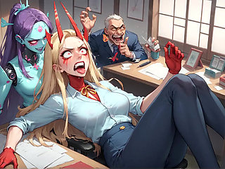 A White-haired Manager in a Suit Is Surrounded by a Storm of Red Dildos, Creating an Epic XXX Porn Scene