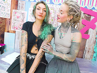 Inked Sluts Double Blowjob Then Anal Fuck Tattoo Session Ends with Cum Glazing New Leg Ink