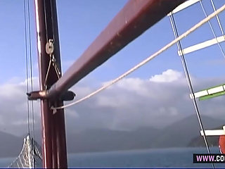 Hot Threesome on Sunny Sailboat with Two Tanned Brunettes