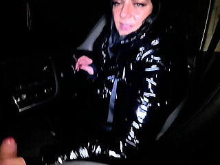 Night Pickup Downjacket MILF Fantasy, Smoking, Car Blowjob and Cum on Glossy Jacket