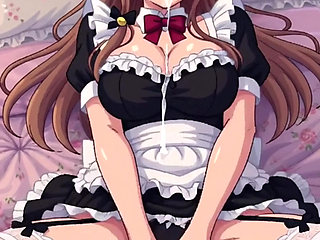 Hot Asian cosplay maid masturbates on the bed, pixelart