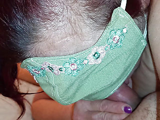 wearing the mask in the wrong way, blowjob with cum in her mouth and swallowing everything