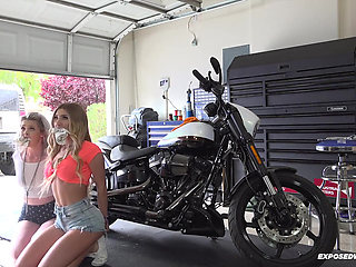 Two Horny Sluts Get Pissed on and Fucked by Biker