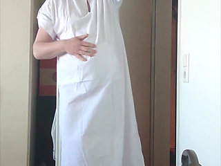 Carmen Nylonjunge in White Caftan and Pantyhose