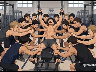 Coach's Punishment - Strapped To The Bench, Tickled By The Whole Squad (2D Anime Bara)