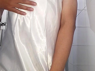 Satin long white lingerie fetish cum