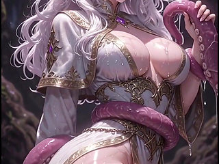 White-haired elven priestess with worm monster, anime hentai