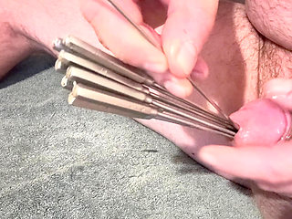 Eleven rosebuds in cock. Urethral sounding. Multiple sounds in cock