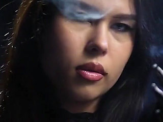 Sexy Russian Brunette Smoking in Black Lace Gloves