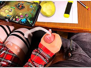 Schoolgirl Is Playing Games And Stroking His Cock In Math Class - Mobile Legends