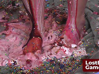 Four lesbians playing strip facial with messy food play