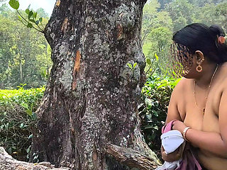 Chubby Nudist, topless outdoor in the tea plantation, exposing boobs as ass