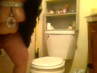 masterbate quickie in bathroom cum anal tight pussy finger white tank tube top