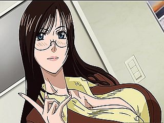 Brunette MILF with big tits and glasses in an office