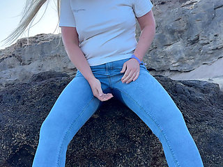 Peeing in Tight Jeans on the Beach