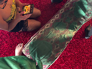 Halloween Threesome CFNM with Two Very Hot Sluts in Costumes for an Ignoring Handjob like never seen before