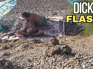 Exhibitionist Wife Outdoor Amateur MILF Blowjob & Handjob Big Cock on Nudity Beach in Front of Follower with Cum