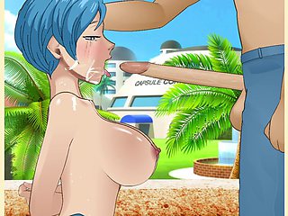 Busty milf Bulma from Dragon Ball Z gets slow and sensual throatfucking outside Capsule Corp