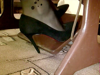 Vintage_sewing on My Granny's Old Sewing Machine in Black Pantyhose and Suede Louboutins