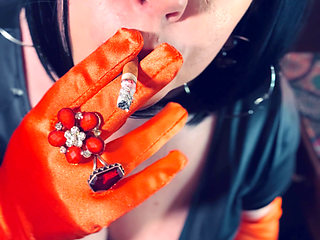Satin Gloved Cougar Tina Snua Tip To Tails 2 Cigarettes  - Gloves Smoking Smoker Chain Smoking