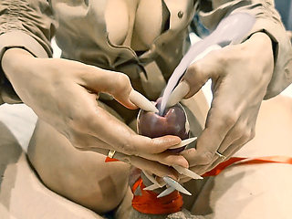 A milf stretches her stepson's urethra so he can cum easier.