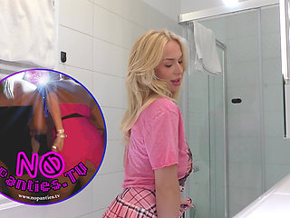 Cute Beautiful and Hot All Natural Big Tits Big Ass Blonde College Slut Masturbates with a Small Massager Using Under Her Skirt