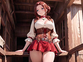 Lazy Tease on the Sun-drenched Porch, Corset Cinching Her Curves, Fingertips Grazing Chest, That Taboo Gaze in the Sunlight