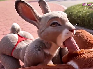 Nick Wilde bends busty bunny Judy over his desk outdoors & cums all over her cute face
