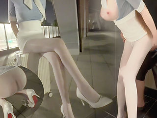 Flight Attendant in Pantyhose and High Heels, Going Commando Outdoors, Performing Oral Sex and Taking a Load Inside Her Mouth.