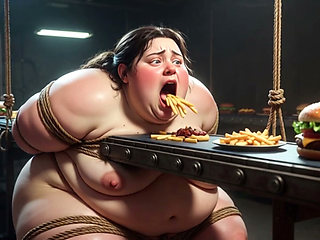 Tied up SSBBW Eats Massive Meal While Kneeling - Belly Stuffing