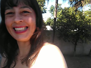 Exhibitionist wife naked at the top of the front stairs