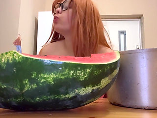 Giantess Stepsister Eats Watermelon and Is Really Horny While Tiny Stepbrother Watches Giantess Stepsister Eat