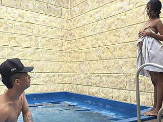 My stepsister catches me sticking my big cock into a hole in the pool and we end up fucking.