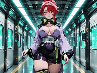 Ai-purple Kimono Seduction in the Neon Train Car, Fingertips Touching Collar, a Gaze That Drenches You!
