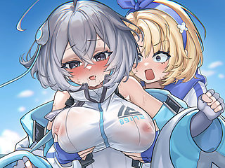 The guy is glued to the lesbian play of two girls