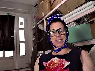 Busty Mature Woman with Natural Curves Wrapped in Scarf and Glasses Spotted Streetside for Intense Out
