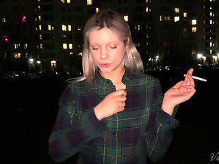 Smoking Blonde with Naked Tits Smokes!