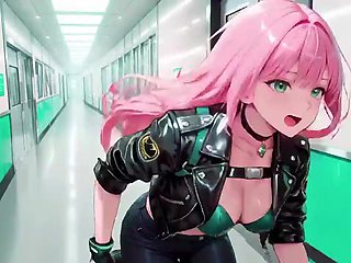 Rosy-Haired Leather Tech! Intimate vibrates in a neon-lit cyber corridor.